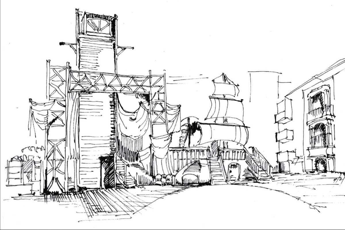 Der Entwurf des Bühenbilds für das geplante Freilichtspiel «Nimmerland» auf dem AZA-Gelände, mit dem Piratenschiff zwischen den Gebäuden.