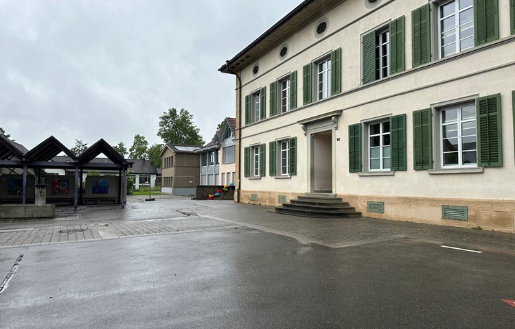An der Primarschule sind drei bauliche Welten durch Passerellen miteinander verbunden: rechts das Schulhaus von 1868, in der Mitte der Erweiterungsbau von 1992 und links der braune Neubau. Das Gelände zum APZ (hinten) ist offen.