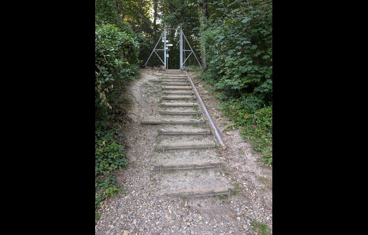 Bereits folgt das erste Hindernis in Form einer kurzen Treppe. Dank der Schiene auf der Seite lässt sich das Velo aber gut hochschieben. Am oberen Ende biege ich links ab.