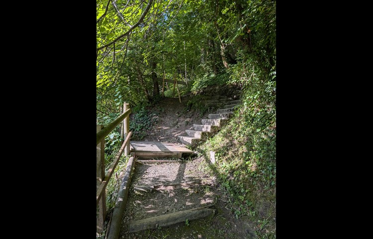 Nun wird es etwas mühsam. Bei dieser Treppe bleibt mir nichts anderes übrig, als mein Velo zu schultern und den Aufstieg zu Fuss zu meistern.