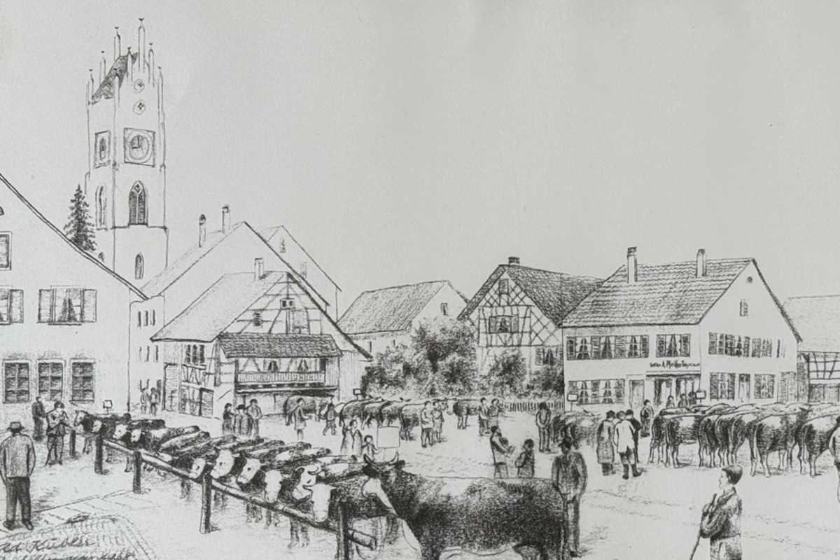 Kurz bevor der Marktplatz sein Gesicht veränderte, zeichnete Arnold Kübler die Viehschau im Jahr 1968. Zu sehen ist auch das Färberhaus, links neben der Sattlerei Pfeifer.