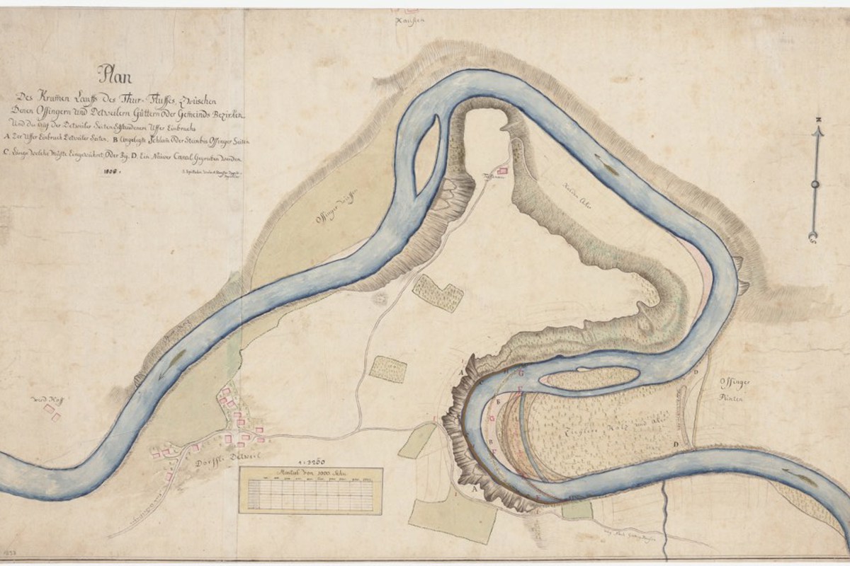 Die Thur von Ossingen (rechts) bis unterhalb Dätwil auf einer Karte von 1806