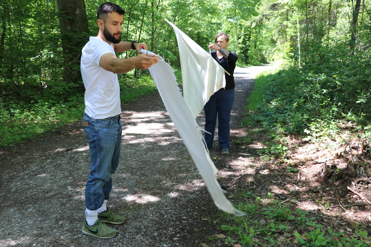 Jakub Kubacki und Stefanie Stegmüller sammelten beim Husemersee mit der Flagging-Methode Zecken für ihre neue Studie.