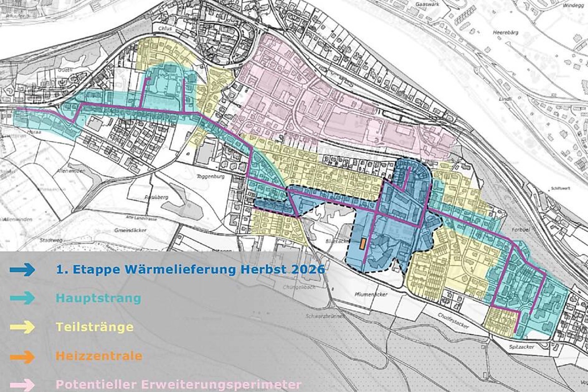 Die Führung des Hauptstrangs für den Wärmeverbund ist festgelegt. Die erste Wärmelieferung ist im Herbst 2026 vorgesehen.