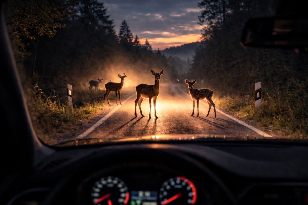 Rehe bringen den Scheinwerfer nicht mit dem herannahenden Auto in Verbindung und erkennen daher auch nicht die Gefahr. Anstatt zu flüchten, bleiben sie deshalb im Lichtkegel stehen.