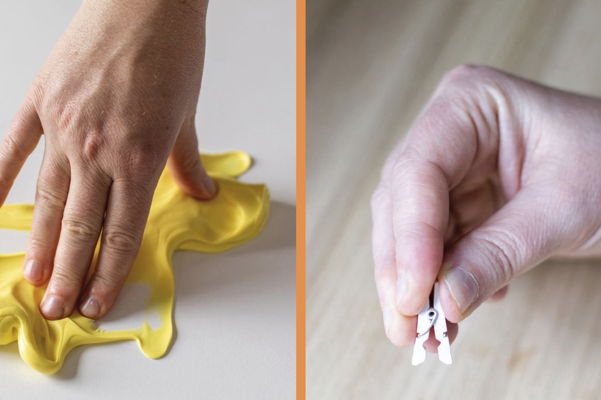 Simple Handübungen können die Feinmotorik erheblich verbessern. Dazu bieten sich Hilfsmittel wie beispielsweise Knete oder Klammern an.