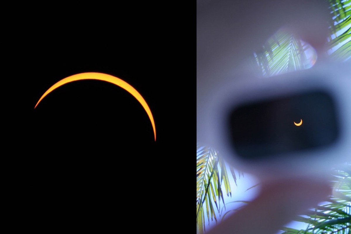 Links sehen wir den zu erwartenden Anblick der Finsternis am Abend des 12. August 2026. Die Sonnensichel lässt sich wunderbar durch eine Finsternisbrille (Mitte) verfolgen oder aber auch im Schatten von Bäumen (rechts, klicken Sie auf das Bild für die Vollansicht). Überall entstehen tanzende Sonnensicheln.