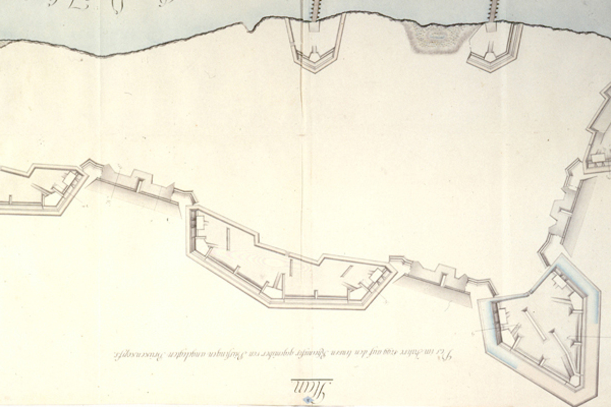 Plan der Schanze im Schaarenwald, wie sie 1799 erstellt wurde. Wegen der Ausrichtung nach Norden steht das Bild auf dem Kopf.