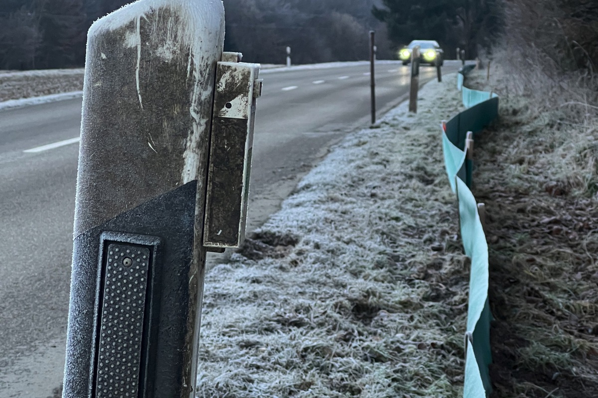 Winter und Frühling kommen auf der Andelfingerstrasse in Marthalen zusammen – oder kamen: Die Randleitpfosten wurden mittlerweile gesäubert, die Reflektoren funktionieren wieder einwandfrei. Und der Zaun steht.Bild: spa