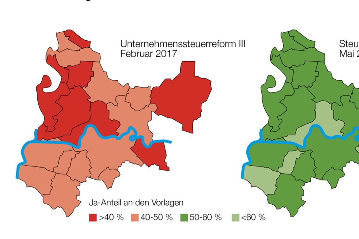 Die Unternehmenssteuerreform III war für den Bund ein Desaster (links), deren Nachfolgerin fand jedoch national und auch im Weinland eine deutliche Mehrheit (Mitte, klicken Sie auf das Bild für die Vollansicht). Doch bei der Umsetzung auf Kantonsebene bröckelte die Unterstützung bereits (rechts). Wird die zweite Anpassung noch einmal eine Mehrheit finden?