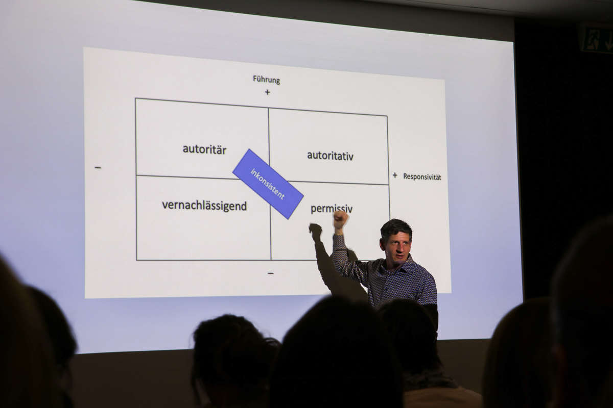 Schulsozialarbeiter Philippe Haldimann erklärte die vier Erziehungstypen. Die autoritative Erziehung (oben rechts) beachte die Bedürfnisse der Kinder und biete ihnen gleichzeitig die nötige Führung.