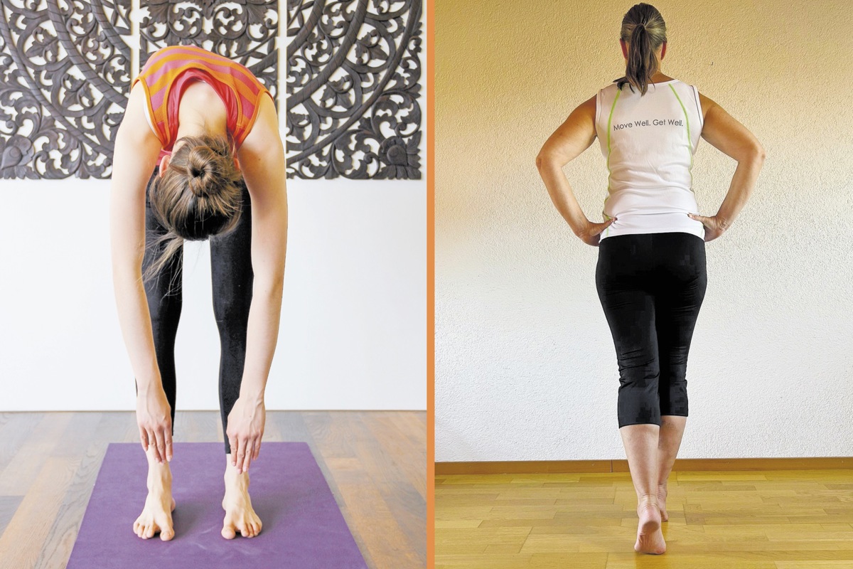 Links: Die einseitige Rückenerhöhung ist gut erkennbar. Rechts: Eine Übung für jedermann, um die Aufrichtung zu fördern: Hände in die Taille stellen und leicht nach unten schieben, während der Kopf zur Decke strebt, Füsse voreinander positionieren. Beim Einatmen in den Zehenstand gehen, und die Spannung halten. Beim Ausatmen Fersen senken, hinteren Fuss nach vorne stellen, wiederholen.