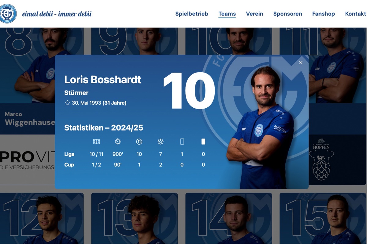 Ein Klick auf die Spielerporträts öffnet die Anzeige mit den Leistungsdaten, hier am Beispiel von Topscorer Loris Bosshardt. Der 31-jährige Stürmer mit der Nummer zehn hat zehn von elf Ligapartien bestritten, stand dabei stets in der Startaufstellung und insgesamt 900 Minuten auf dem Platz. Seine Bilanz: sieben Tore, eine gelbe und keine rote Karte. 