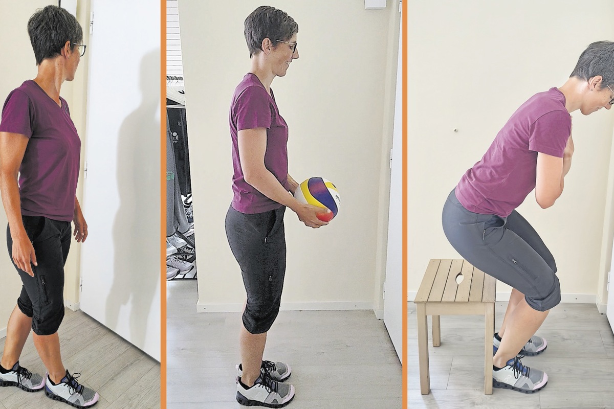 Übung 1 (links): Einen Fuss vor den anderen stellen. Langsam den Kopf nach rechts und links drehen. / Übung 2 (Mitte): Füsse ganz nahe zusammen hinstellen und einen Ballon oder Ball hochwerfen und fangen. / Übung 3 (rechts): Arme vor der Brust kreuzen. Ganz langsam absitzen (den Stuhl mit dem Gesäss nur leicht berühren) und langsam wieder aufstehen. Zehnmal wiederholen.