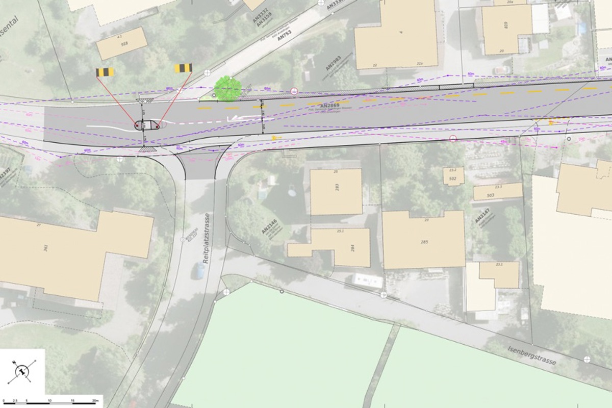 Die Situation im Abschnitt «Obstgarten»: Links und rechts der Landstrasse gibt es mehr Platz für Velofahrende. Auf Höhe der Reitplatzstrasse wird die Abbiegespur durch eine Abbiegehilfe ersetzt und die Gehwegüberfahrt versetzt.
