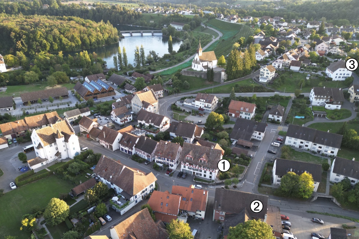Die Rheinauer Unterstadt mit dem zum Verkauf stehenden «Ochsen» (1), dem «Löwen» (2) und der (Trink)-«Stube» (3), die 1993/94 privat saniert wurde.